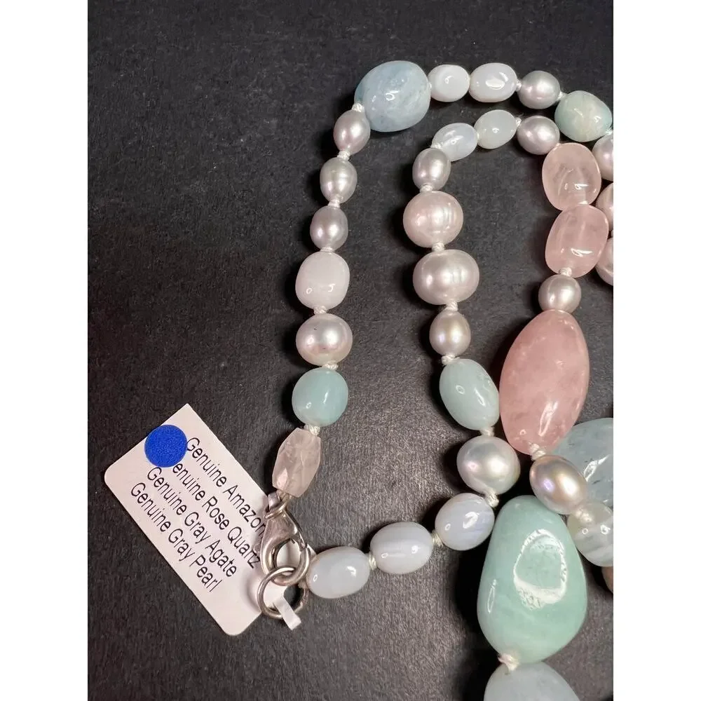 NEW dead stock amazonite , pearl multi stone sterling silver 30 inch necklace